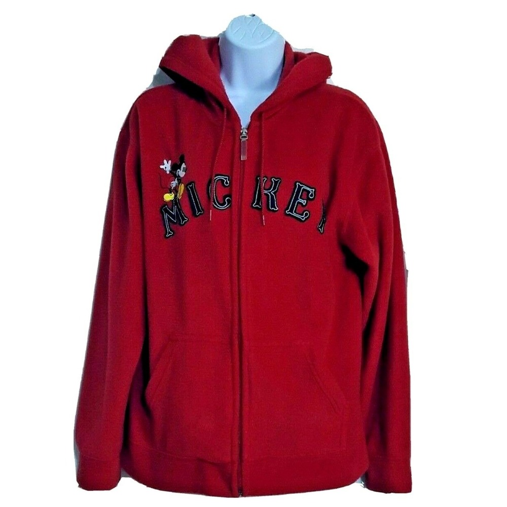 Disney Mickey Mouse Fleece Jacket Womens Medium Red Hooded Kangaroo Pockets